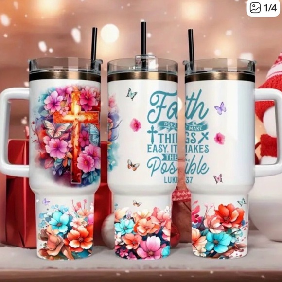 HANDMADE/CUSTOM FAITH FLORAL FAITH-BASED TUMBLER 40oz with HANDLE & STRAW NWT - Picture 3 of 4